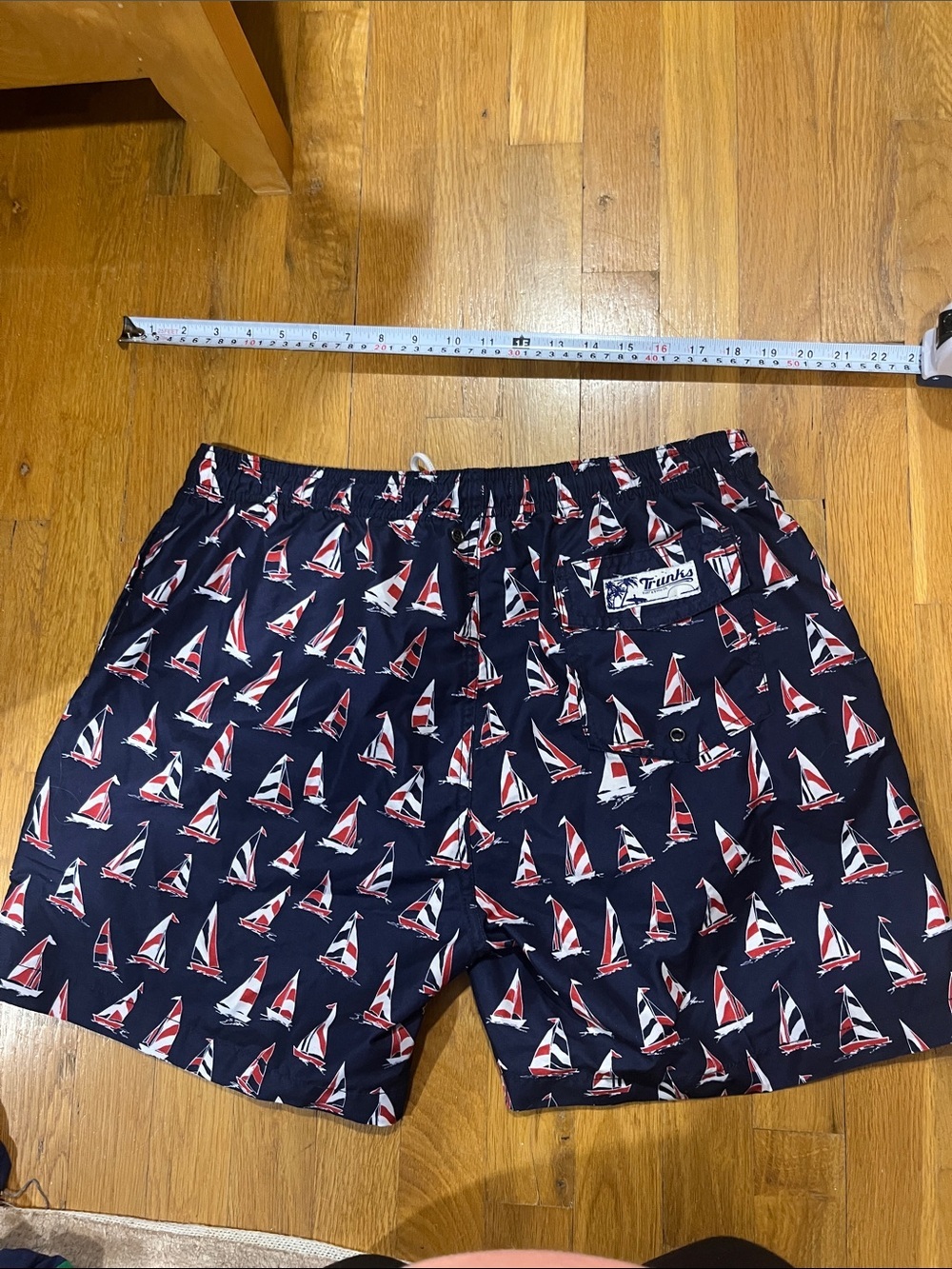Men's Navy Sailboat Swim Trunks with Drawstring Waist - Picture 5 of 6